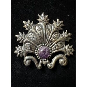 Large Early Mexico Sterling Silver & Amethyst Brooch